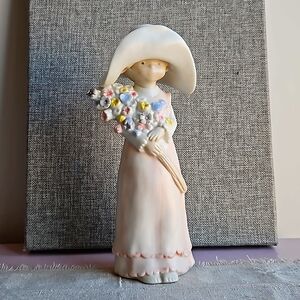 1980s Enesco Kinka Fine Porcelain Floppy Hat Girl Holding Flowers Figurine